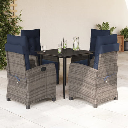5 Piece Garden Dining Set with Cushions Grey Poly Rattan