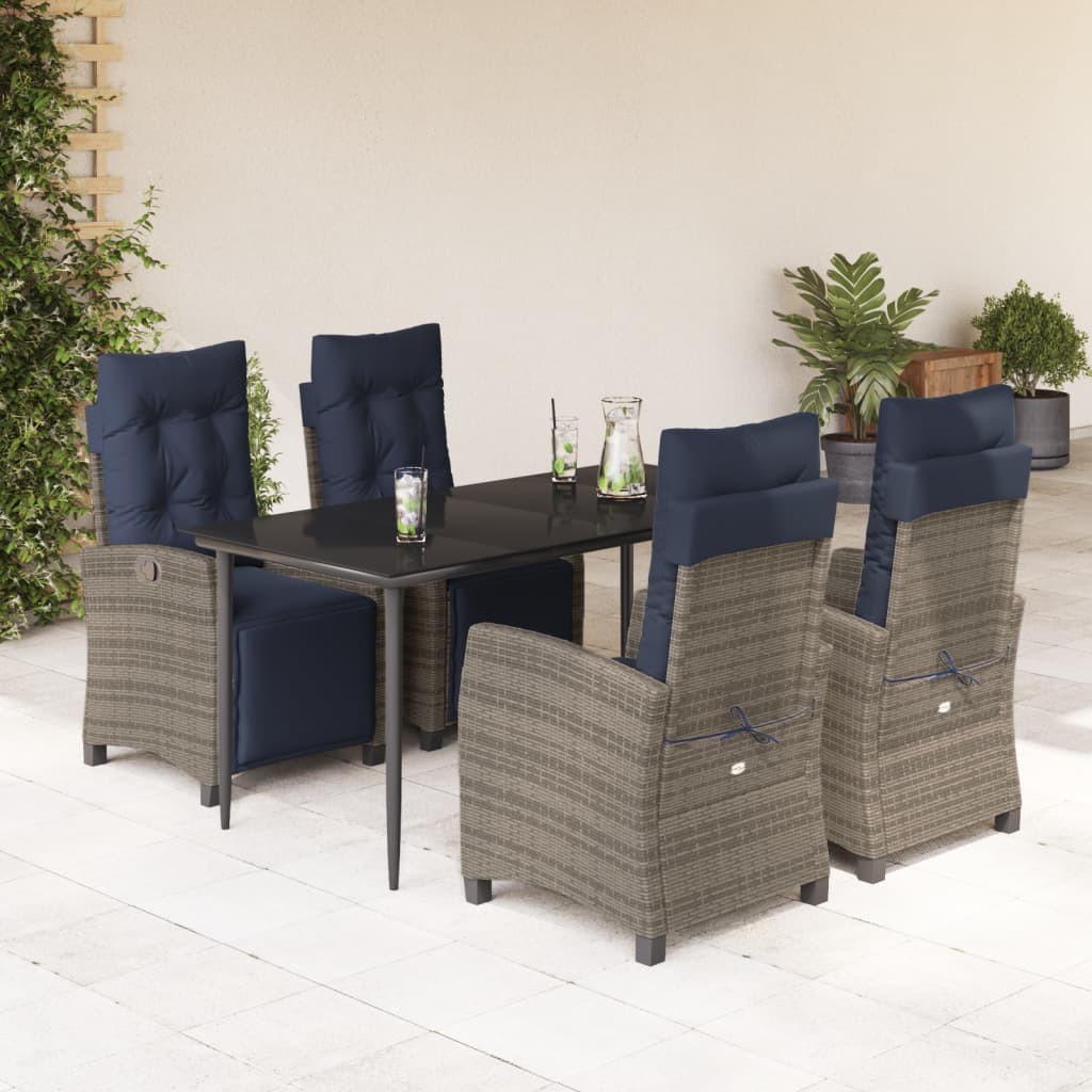 5 Piece Garden Dining Set with Cushions Grey Poly Rattan (US only)