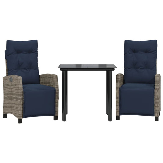 3 Piece Garden Dining Set with Cushions Grey Poly Rattan