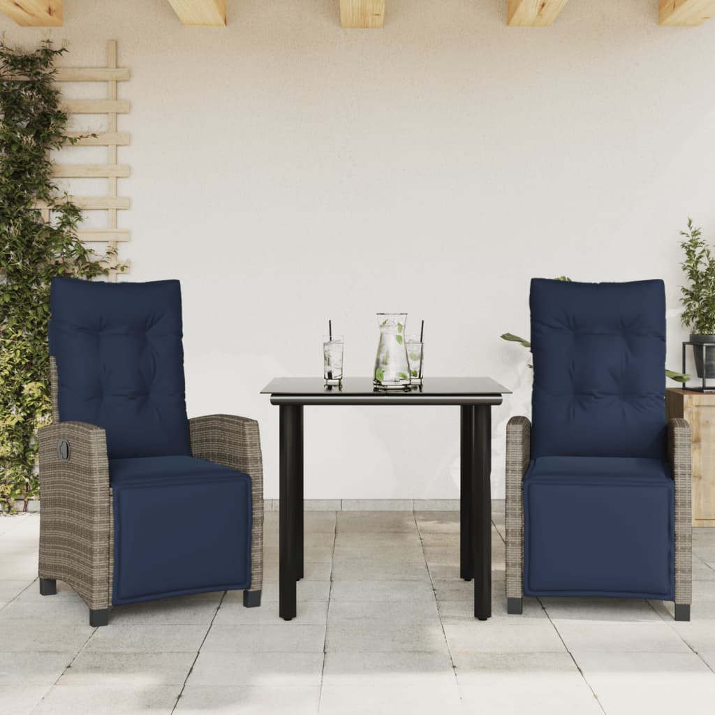 3 Piece Garden Dining Set with Cushions Grey Poly Rattan (US only)