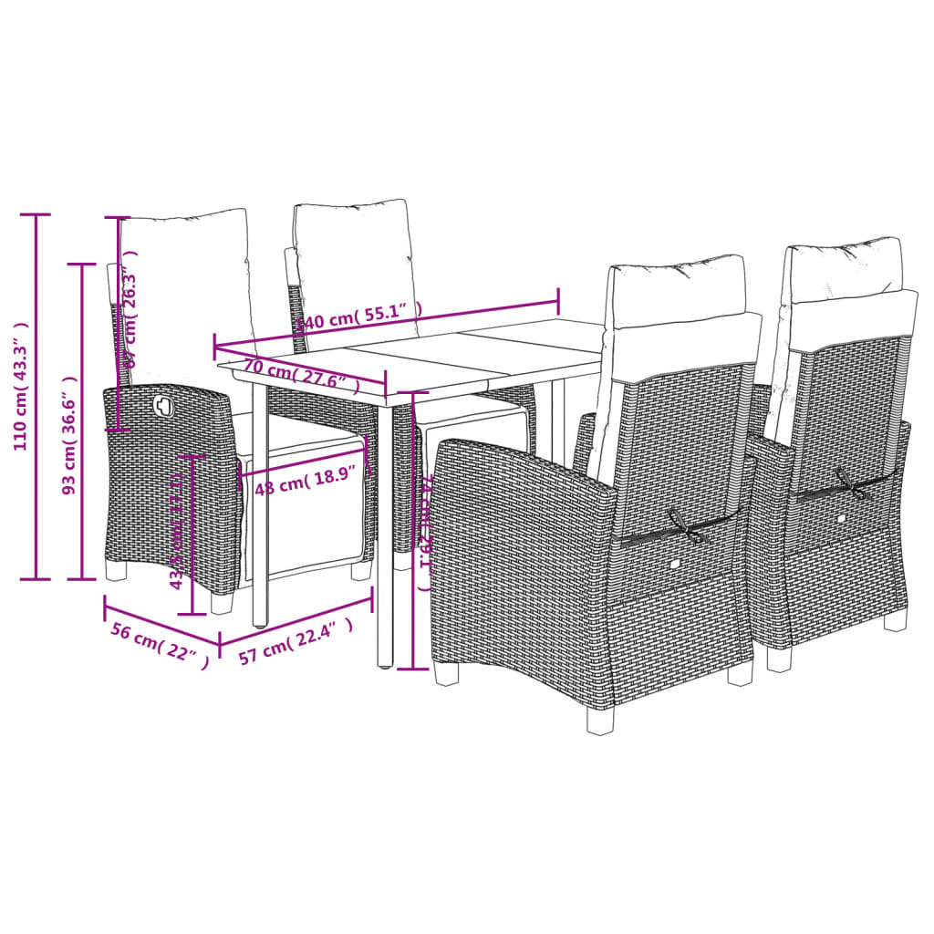 5 Piece Garden Dining Set with Cushions Grey Poly Rattan