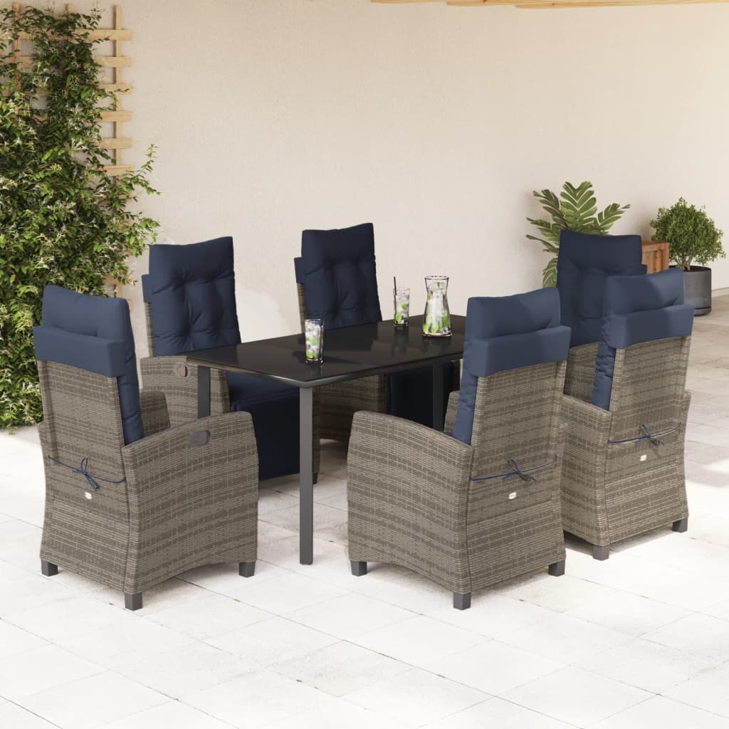 7 Piece Garden Dining Set with Cushions Grey Poly Rattan