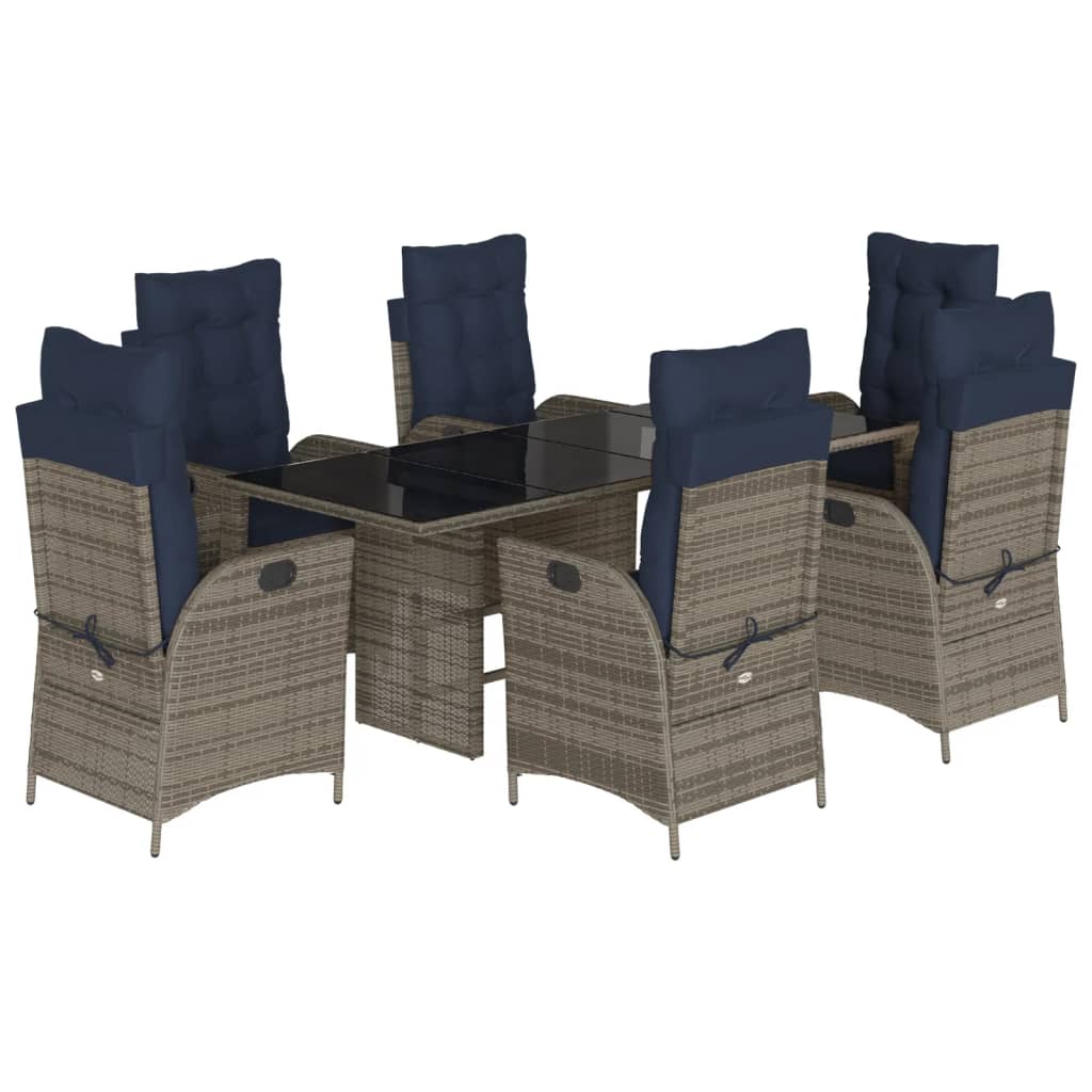 7 Piece Garden Dining Set with Cushions Grey Poly Rattan