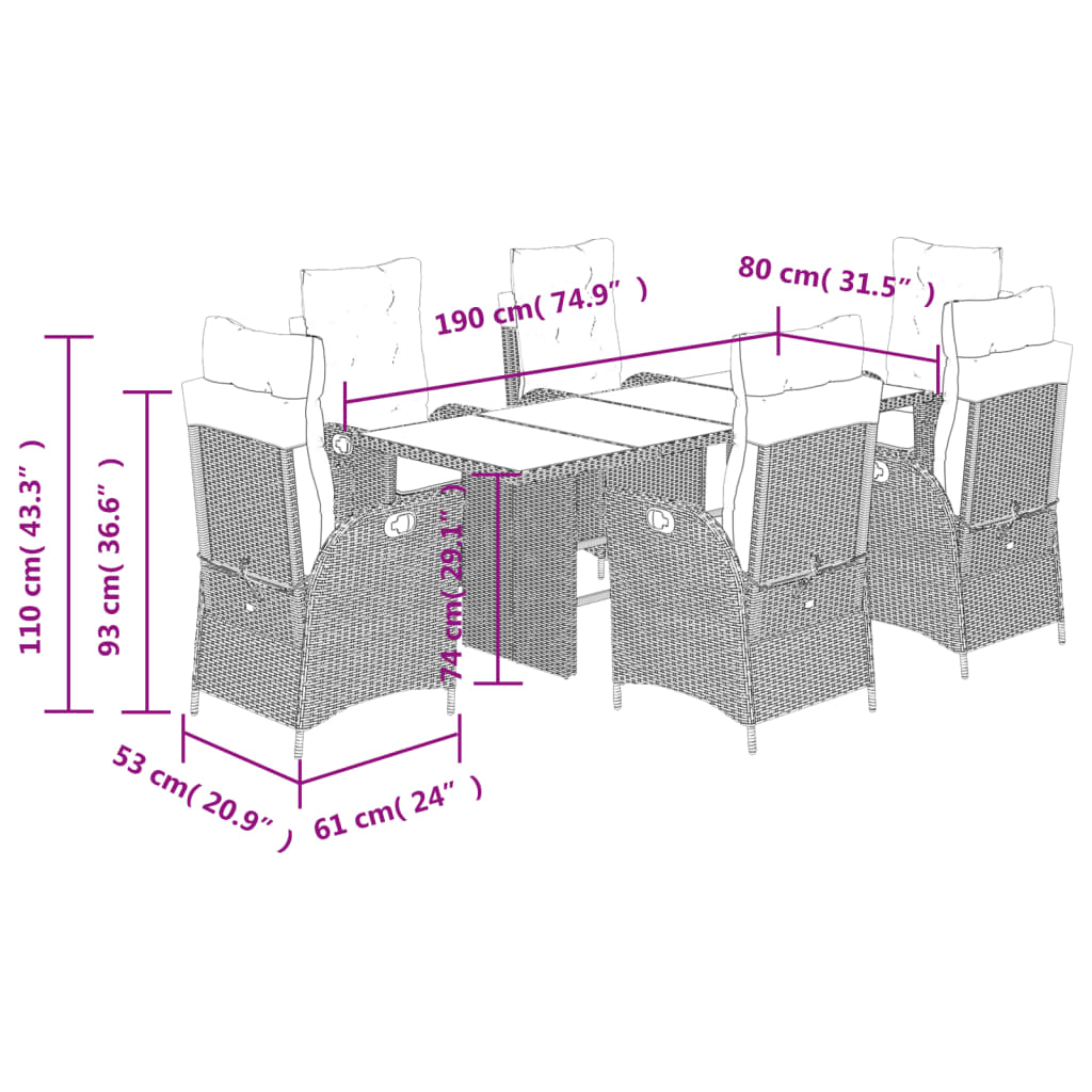 7 Piece Garden Dining Set with Cushions Grey Poly Rattan