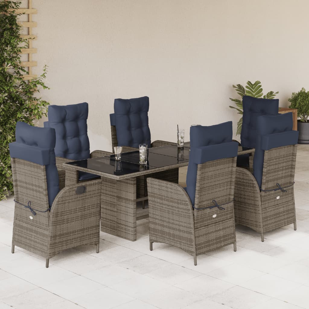 7 Piece Garden Dining Set with Cushions Grey Poly Rattan