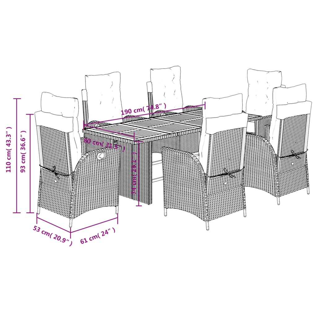7 Piece Garden Dining Set with Cushions Grey Poly Rattan