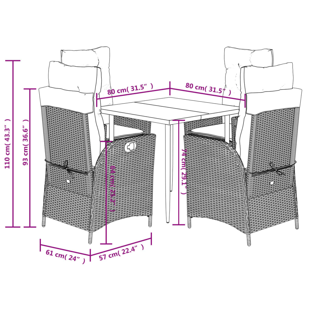 5 Piece Garden Dining Set with Cushions Grey Poly Rattan