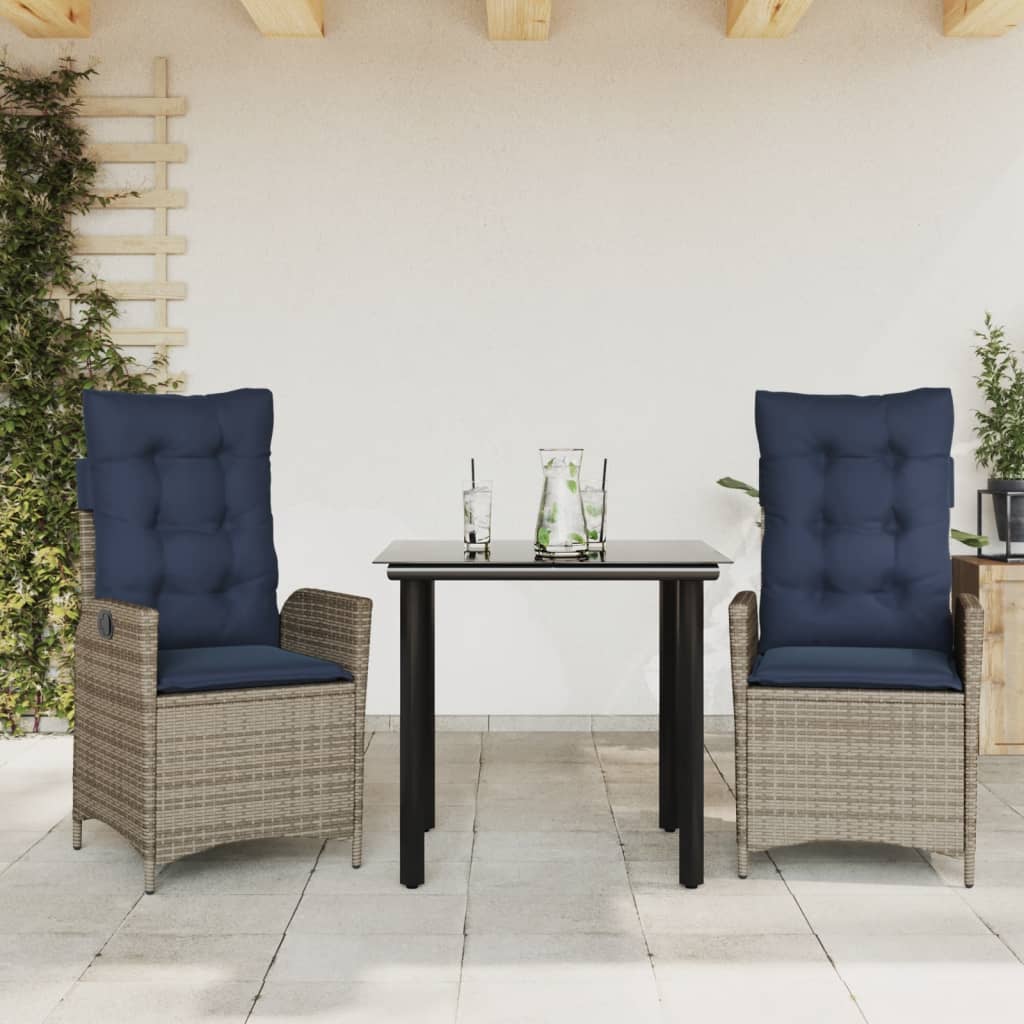 3 Piece Garden Dining Set with Cushions Grey Poly Rattan