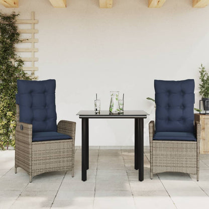 3 Piece Garden Dining Set with Cushions Grey Poly Rattan