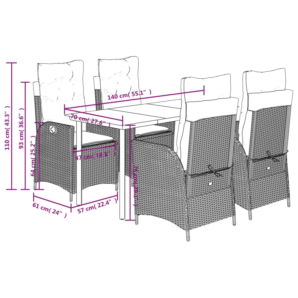 5 Piece Garden Dining Set with Cushions Grey Poly Rattan