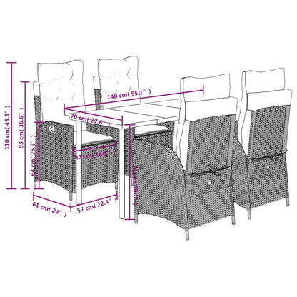 5 Piece Garden Dining Set with Cushions Grey Poly Rattan