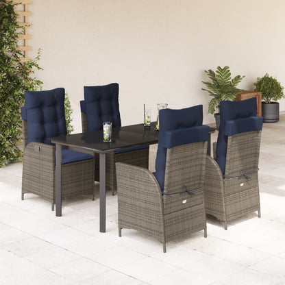 5 Piece Garden Dining Set with Cushions Grey Poly Rattan