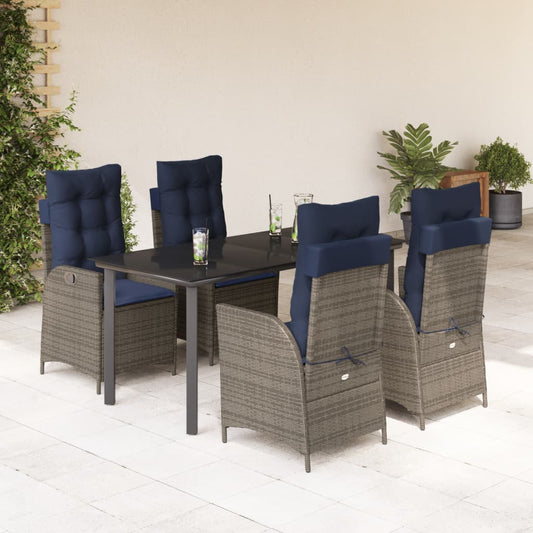 5 Piece Garden Dining Set with Cushions Grey Poly Rattan