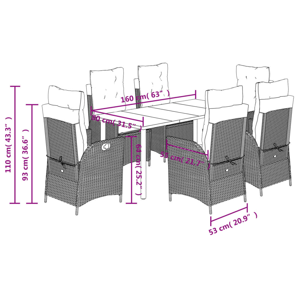 7 Piece Garden Dining Set with Cushions Grey Poly Rattan