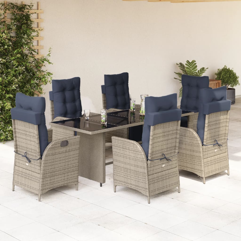 7 Piece Garden Dining Set with Cushions Grey Poly Rattan