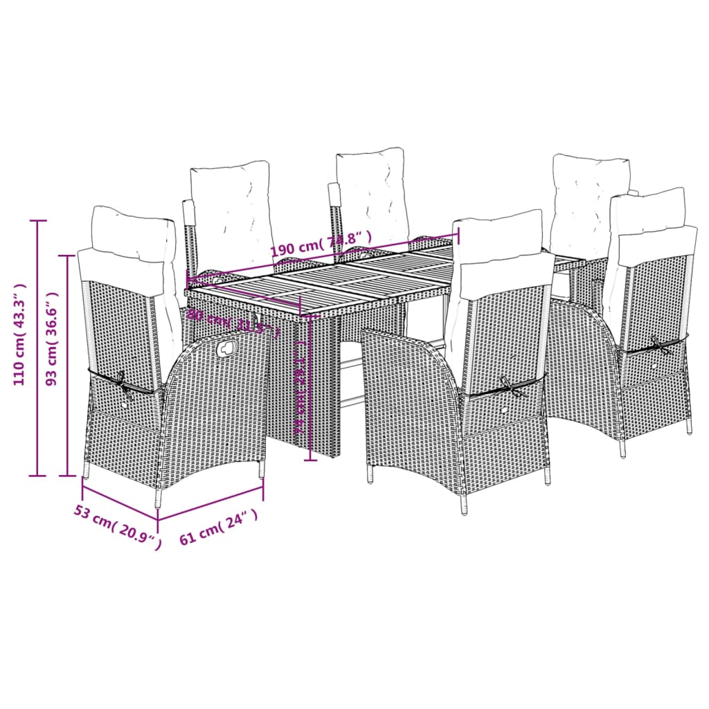 7 Piece Garden Dining Set with Cushions Grey Poly Rattan