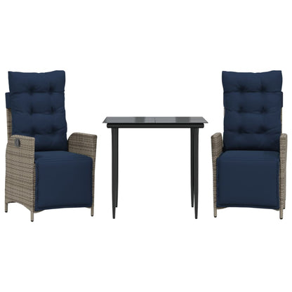 3 Piece Garden Dining Set with Cushions Grey Poly Rattan