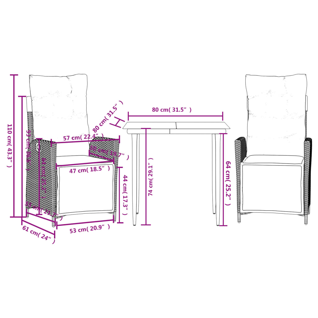 3 Piece Garden Dining Set with Cushions Grey Poly Rattan