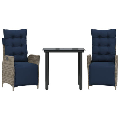 3 Piece Garden Dining Set with Cushions Grey Poly Rattan