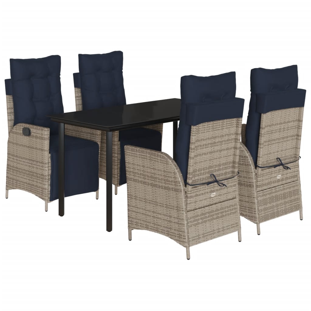 5 Piece Garden Dining Set with Cushions Grey Poly Rattan