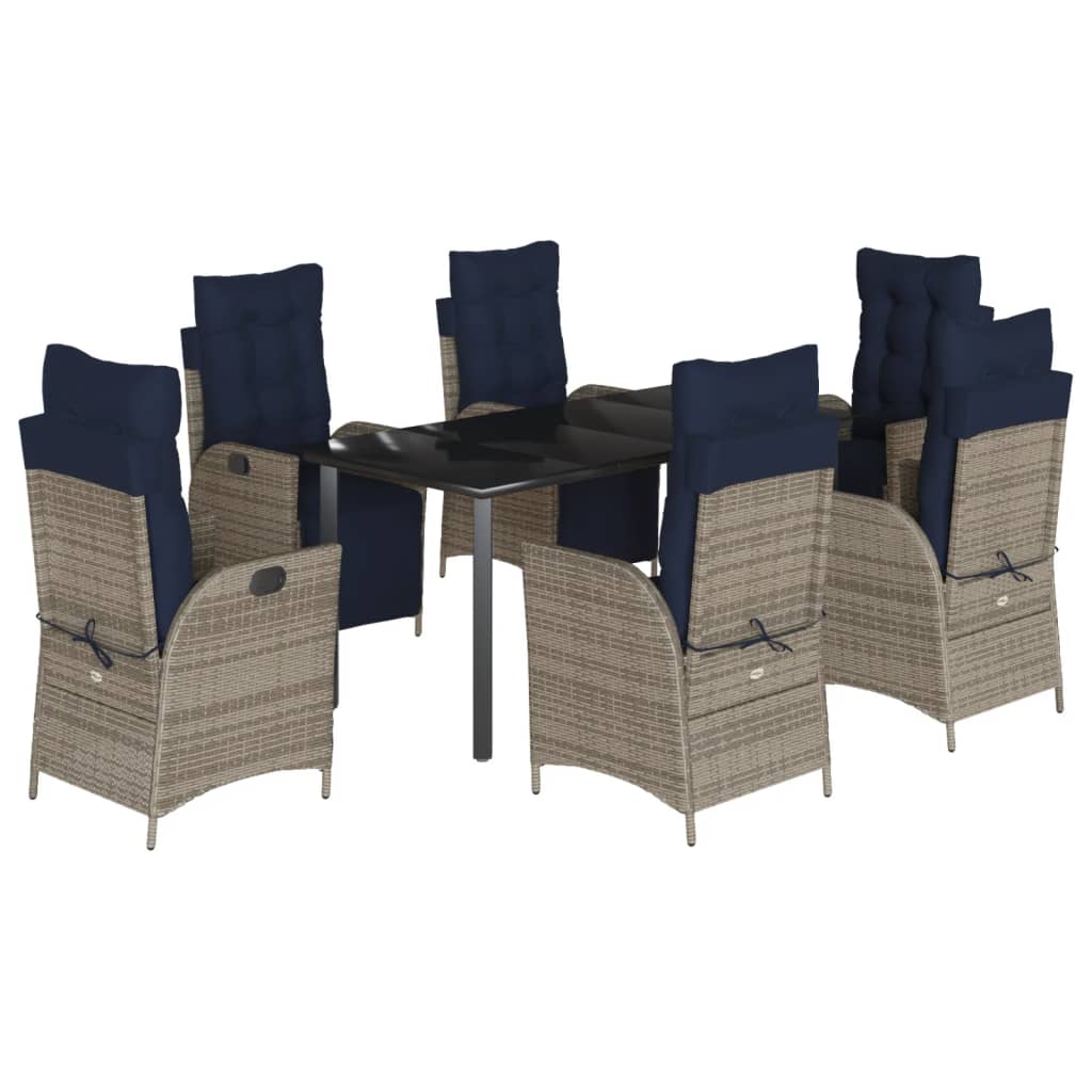 7 Piece Garden Dining Set with Cushions Grey Poly Rattan