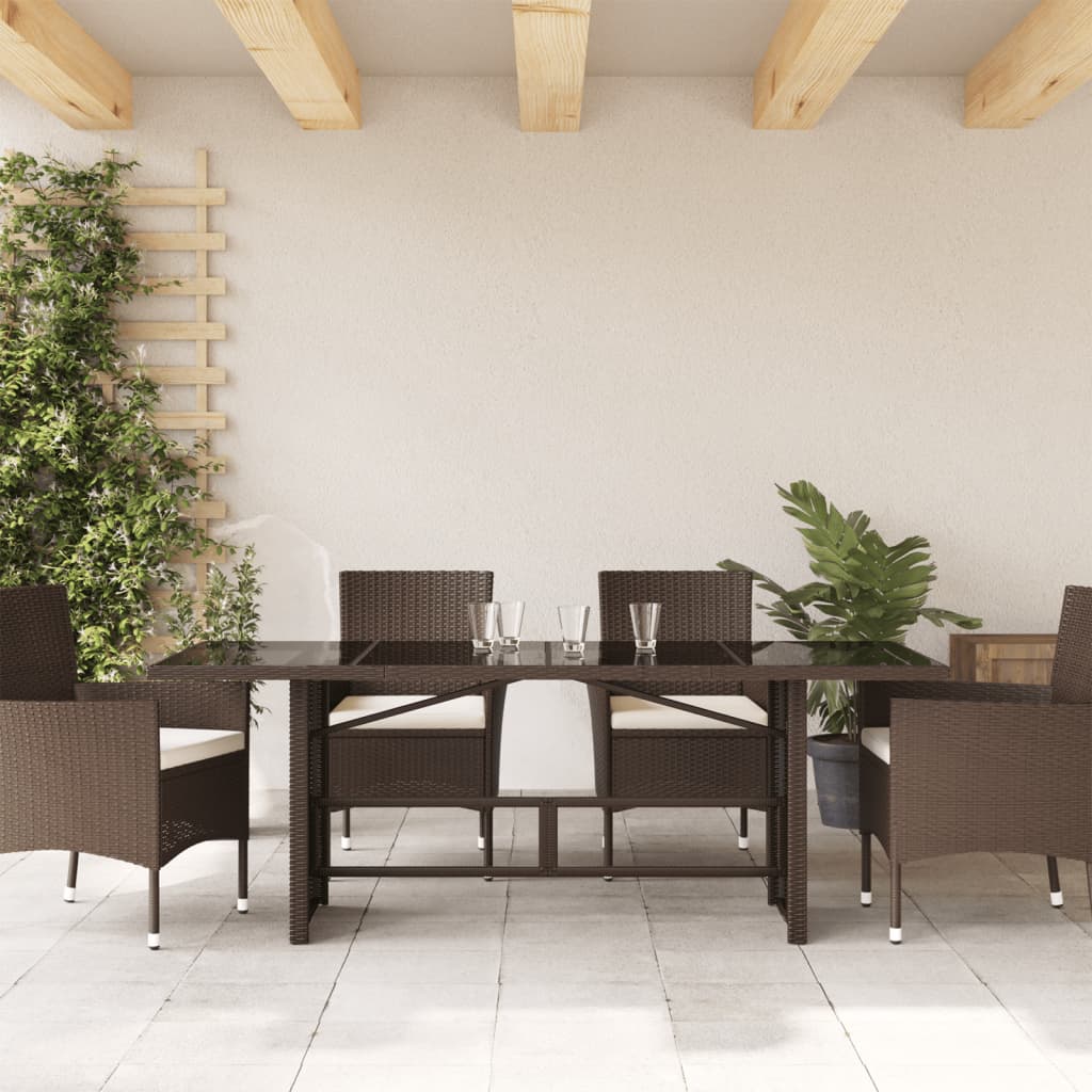 Garden Table | Brown | Poly Rattan, Powder-Coated Steel, Tempered Glass