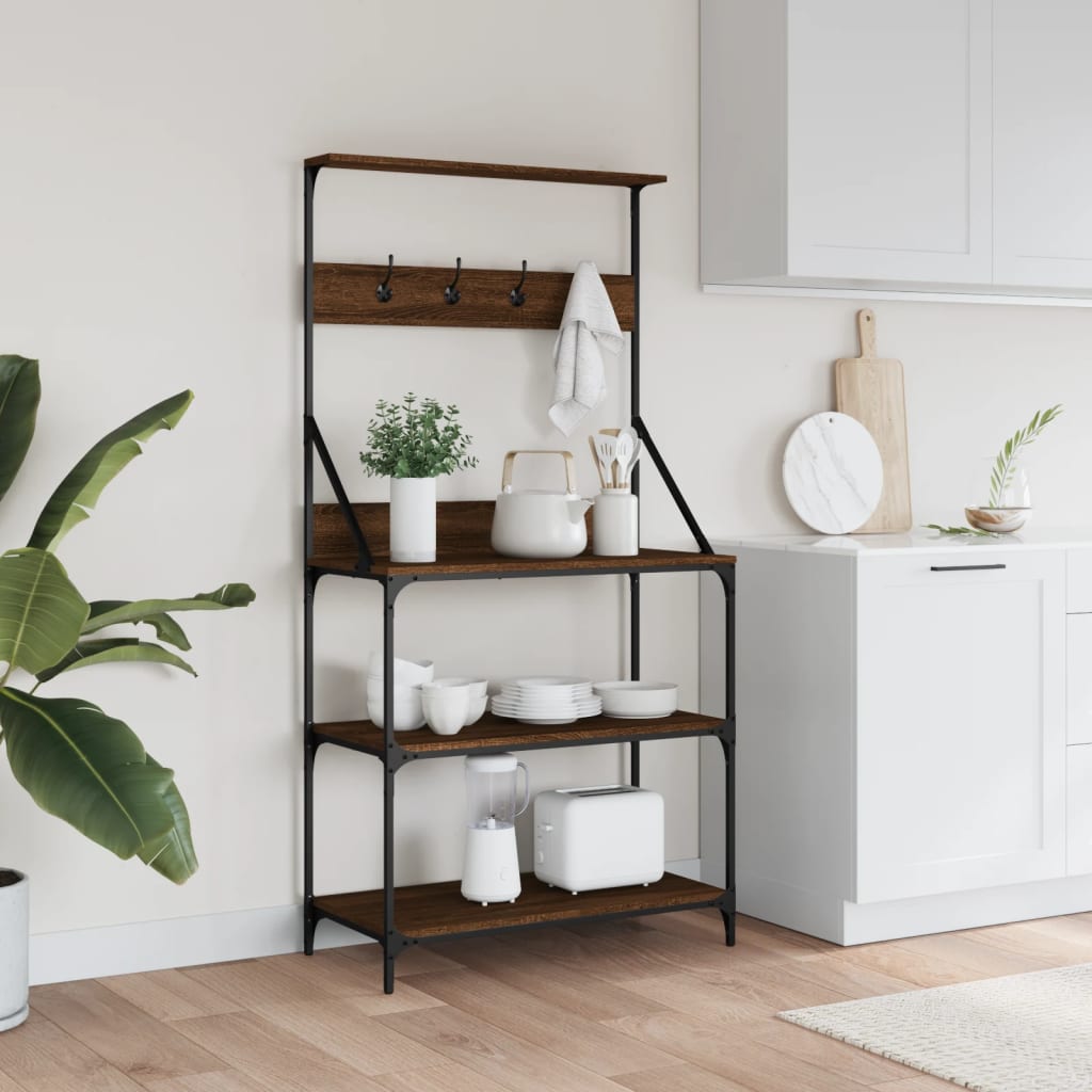 Baker's Rack with Hooks 4-Tier Brown Oak Engineered Wood