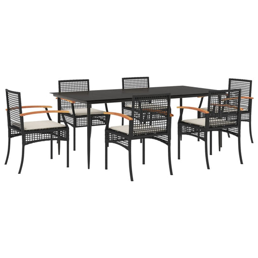 7 Piece Garden Dining Set with Cushions Black Poly Rattan