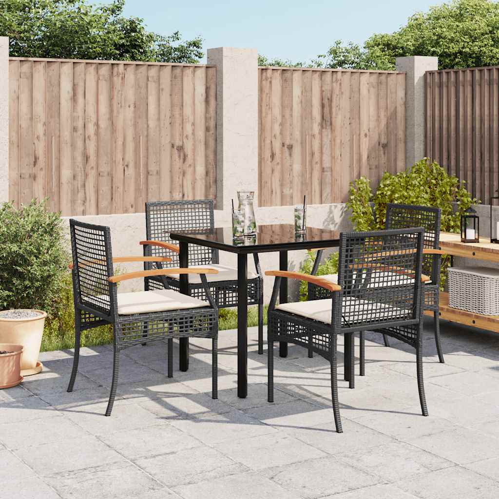 5 Piece Garden Dining Set with Cushions Black Poly Rattan
