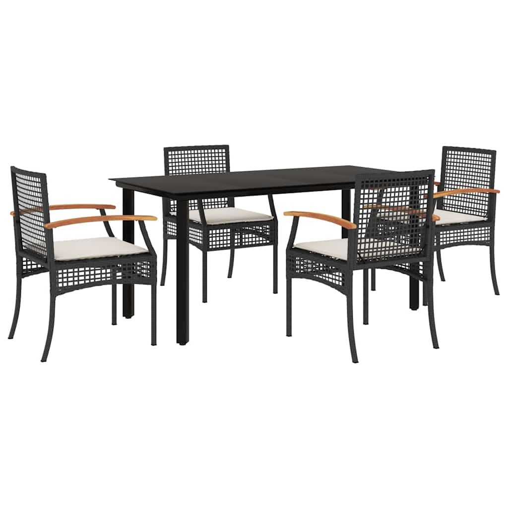 5 Piece Garden Dining Set with Cushions Black Poly Rattan