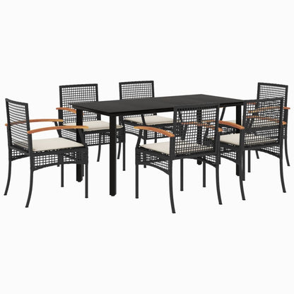 7 Piece Garden Dining Set with Cushions Black Poly Rattan
