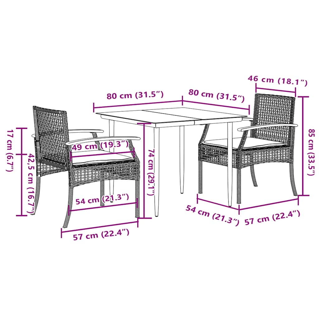 3 Piece Garden Dining Set with Cushions Grey Poly Rattan