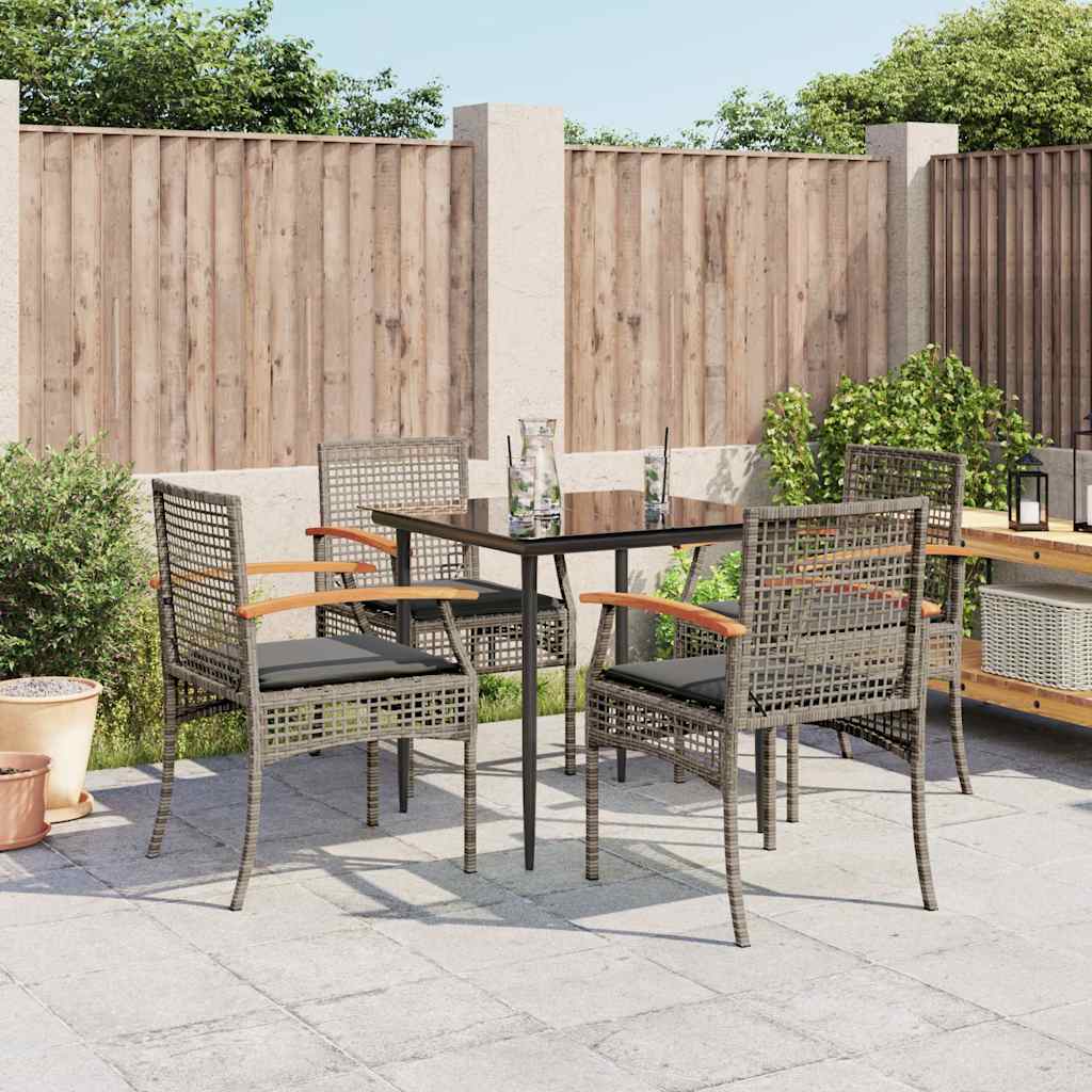 5 Piece Garden Dining Set with Cushions Grey Poly Rattan