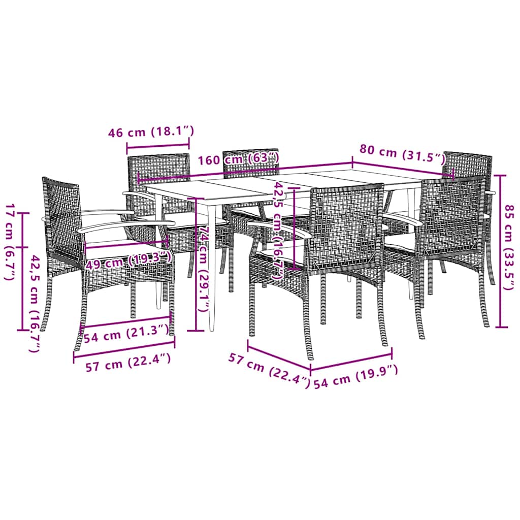 7 Piece Garden Dining Set with Cushions Grey Poly Rattan