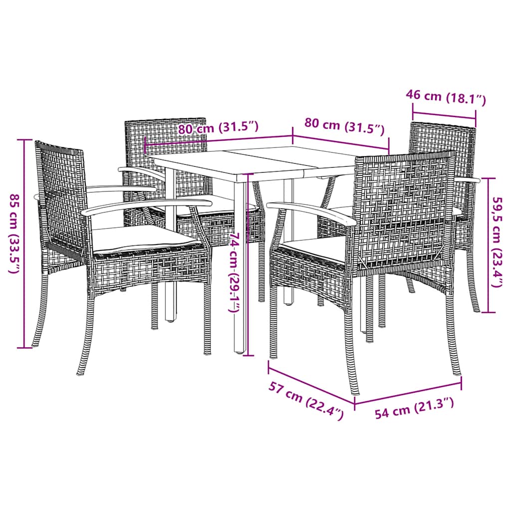 5 Piece Garden Dining Set with Cushions Grey Poly Rattan