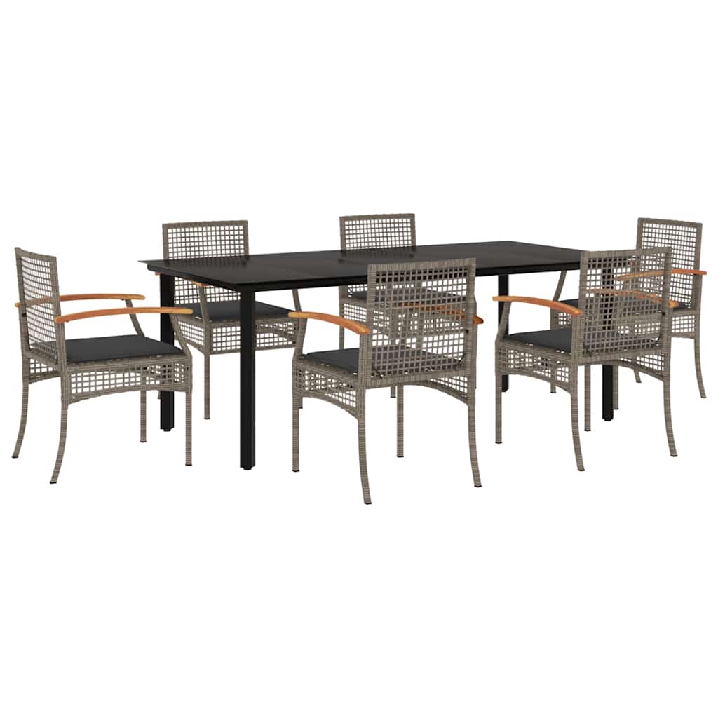 7 Piece Garden Dining Set with Cushions Grey Poly Rattan