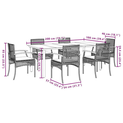 7 Piece Garden Dining Set with Cushions Grey Poly Rattan