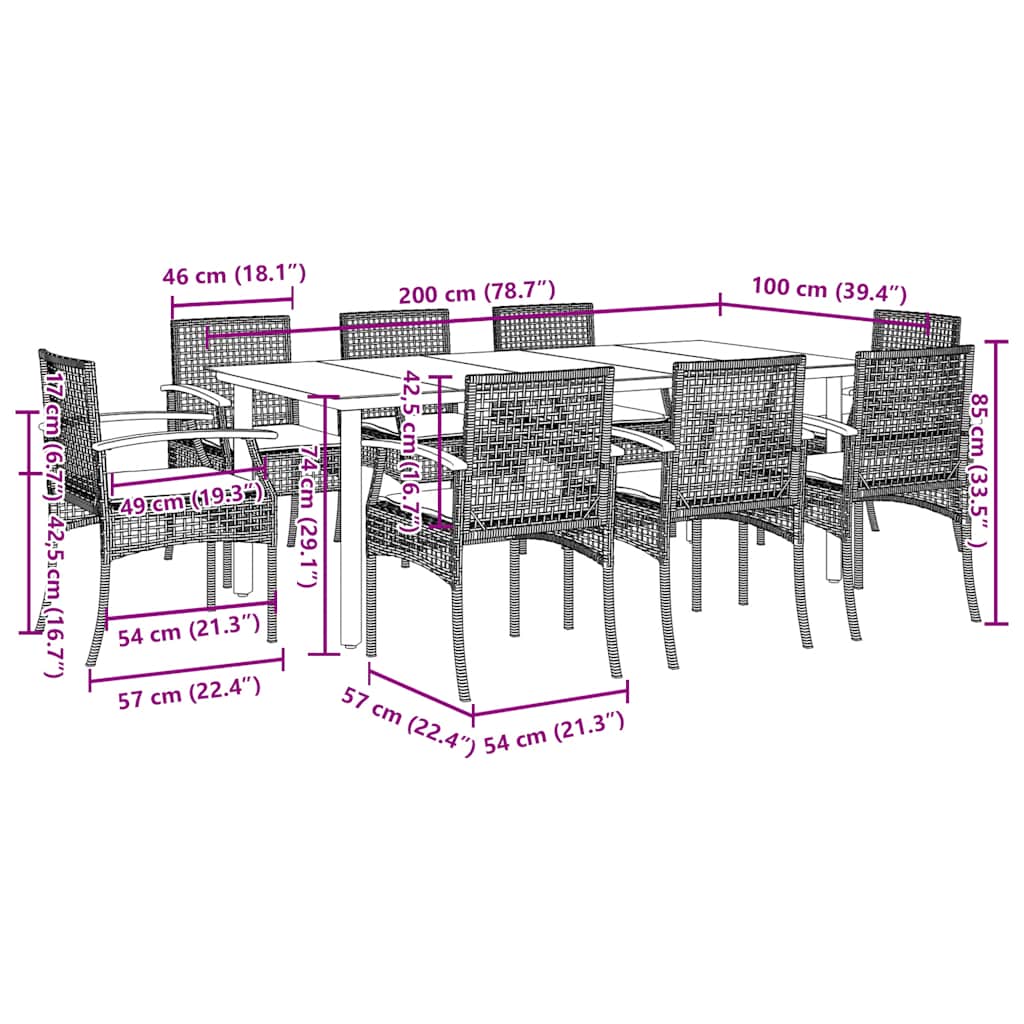 9 Piece Garden Dining Set with Cushions Grey Poly Rattan