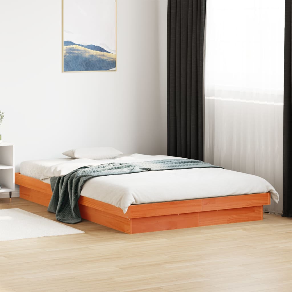 LED Bed Frame without Mattress Wax Brown 135x190 cm Solid Wood