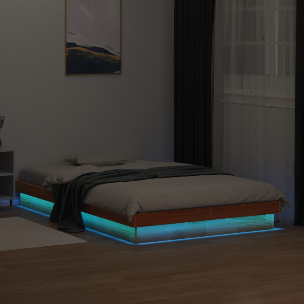 LED Bed Frame without Mattress Wax Brown 135x190 cm Solid Wood