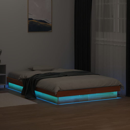 LED Bed Frame without Mattress Wax Brown 135x190 cm Solid Wood