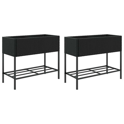 Garden Planters with Shelf 2 pcs Black 90x40x75 cm Poly Rattan