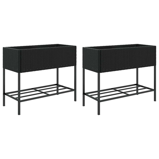 Garden Planters with Shelf 2 pcs Black 90x40x75 cm Poly Rattan