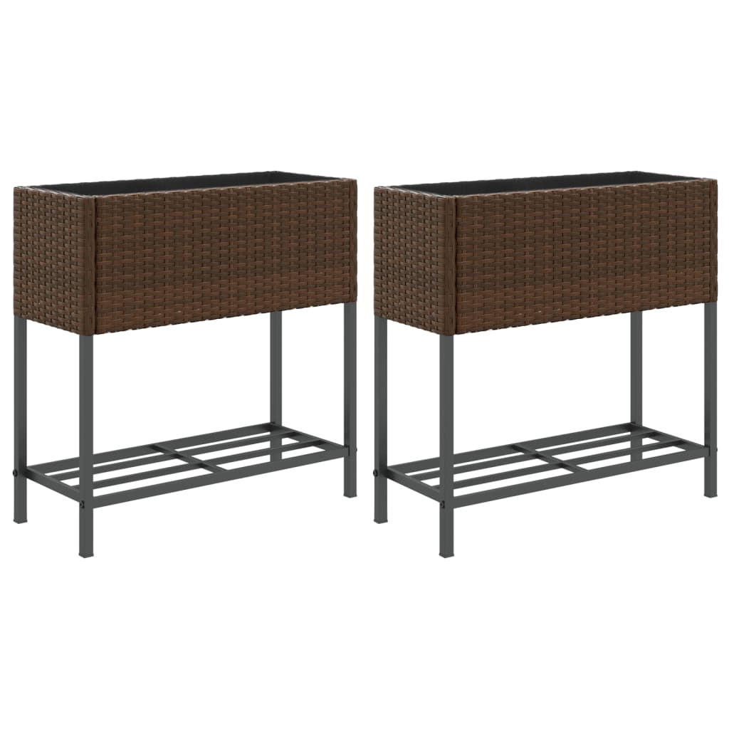 Garden Planters with Shelf 2 pcs Brown 70x28x70 cm Poly Rattan