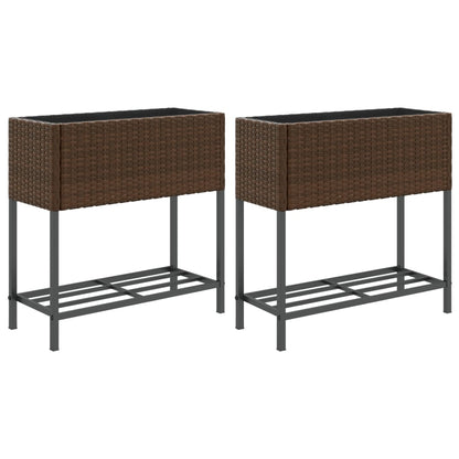 Garden Planters with Shelf 2 pcs Brown 70x28x70 cm Poly Rattan