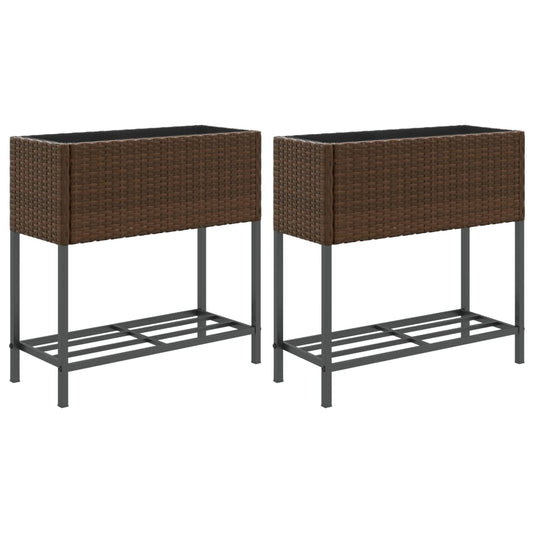 Garden Planters with Shelf 2 pcs Brown 70x28x70 cm Poly Rattan