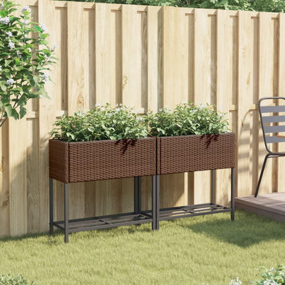 Garden Planters with Shelf 2 pcs Brown 70x28x70 cm Poly Rattan