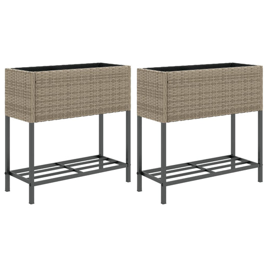 Garden Planters with Shelf 2 pcs Grey 70x28x70 cm Poly Rattan
