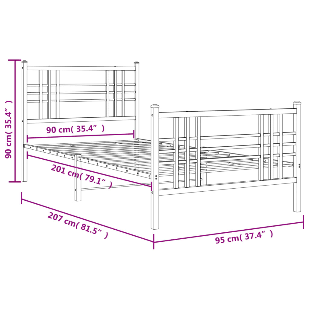 Metal Bed Frame without Mattress with Footboard Black 90x200cm