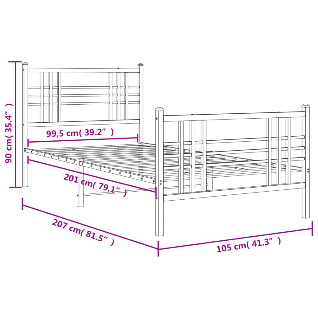 Metal Bed Frame without Mattress with Footboard Black 100x200cm
